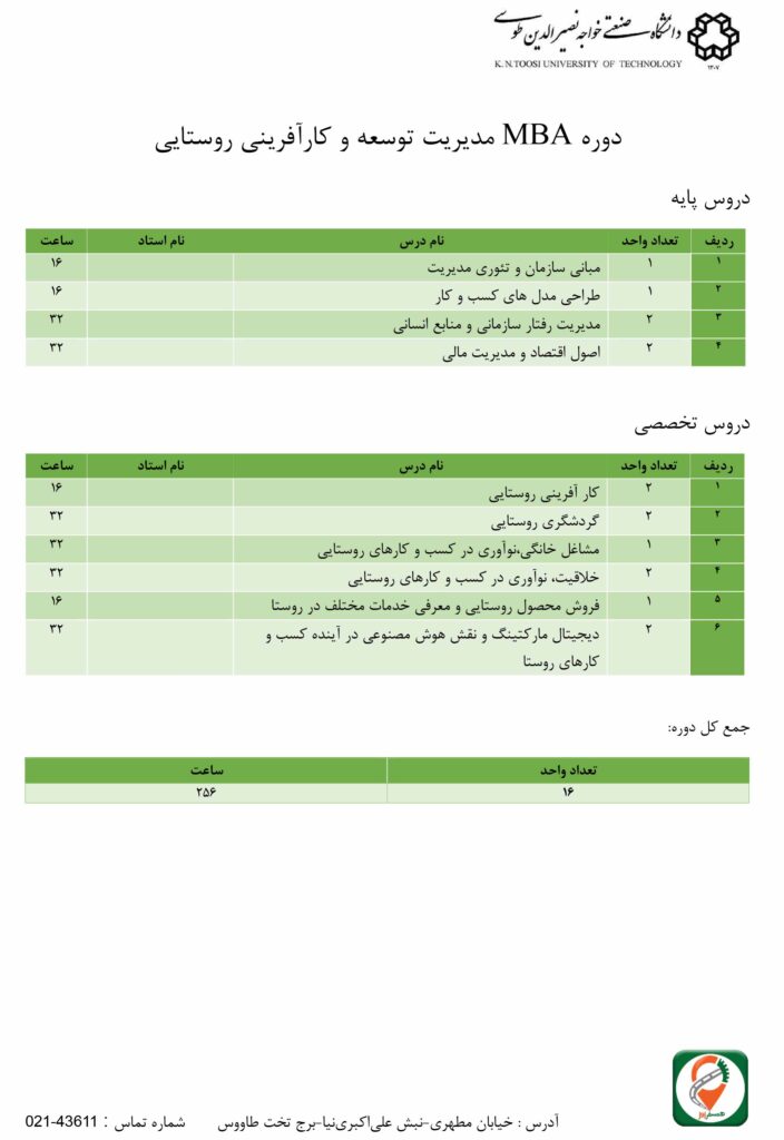 دوره MBA مدیریت توسعه و کارآفرینی روستایی
